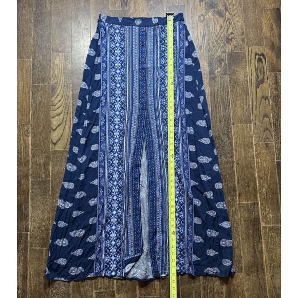 Band Of Gypsies Maxi Skirt Size M Blue White Paisley Pullon Bttn Front Slit NWT - Picture 3 of 8